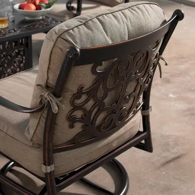 Fauteuils de club pivotants et berçants d'extérieur en aluminium, finition cuivre antique, avec coussins épais en polyester beige (ensemble de 2)