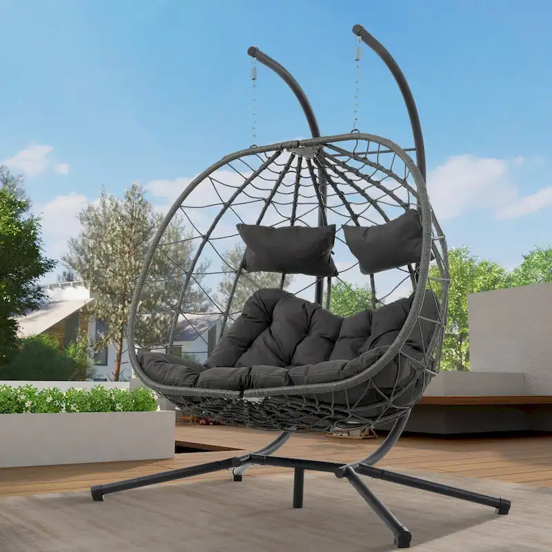 2 Persons Egg Chair with Stand, Indoor Outdoor Patio Swing Chair, Hanging Basket Chair with Stand for Balcony