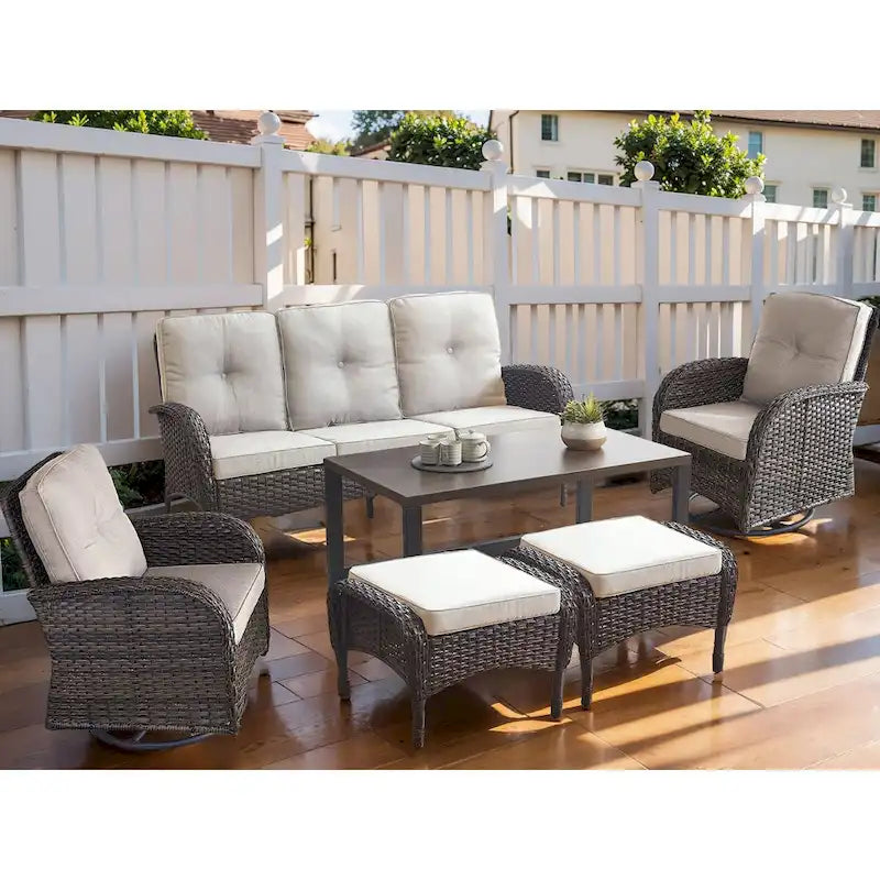 Patio Glider Rocking Chair with Sofa and Ottoman, Coffee Table - Brown