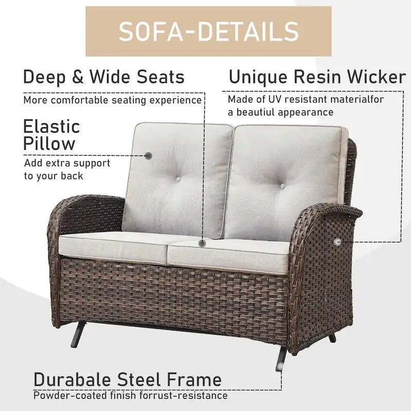 Fauteuil à bascule de patio avec canapé et pouf, table basse - Marron