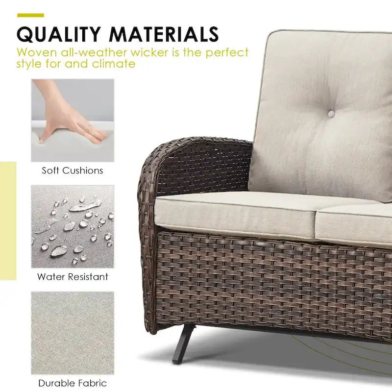 Fauteuil à bascule de patio avec canapé et pouf, table basse - Marron