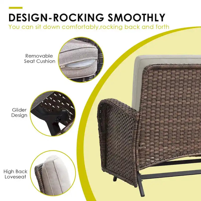 Fauteuil à bascule de patio avec canapé et pouf, table basse - Marron
