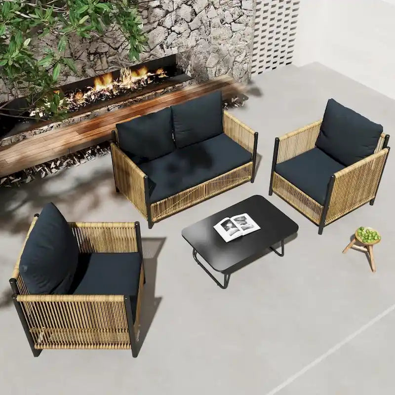 Nouvel ensemble de canapés de 4 pièces en rotin synthétique marron avec coussins gris