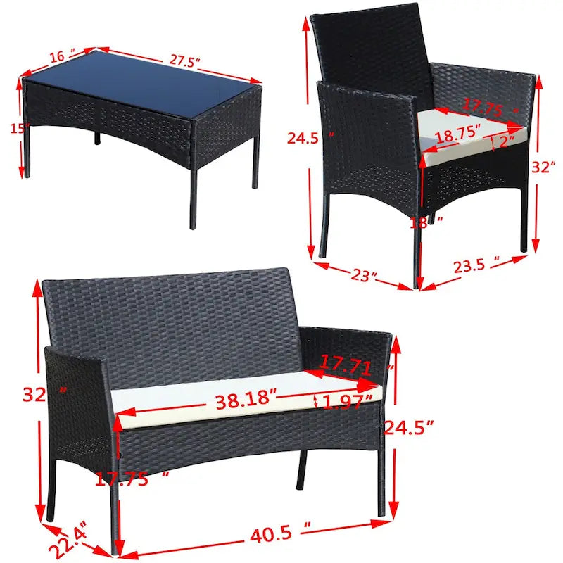 Ensemble de 4 meubles de patio en rotin Canapé en osier avec coussins pour l'extérieur (coussins beiges)