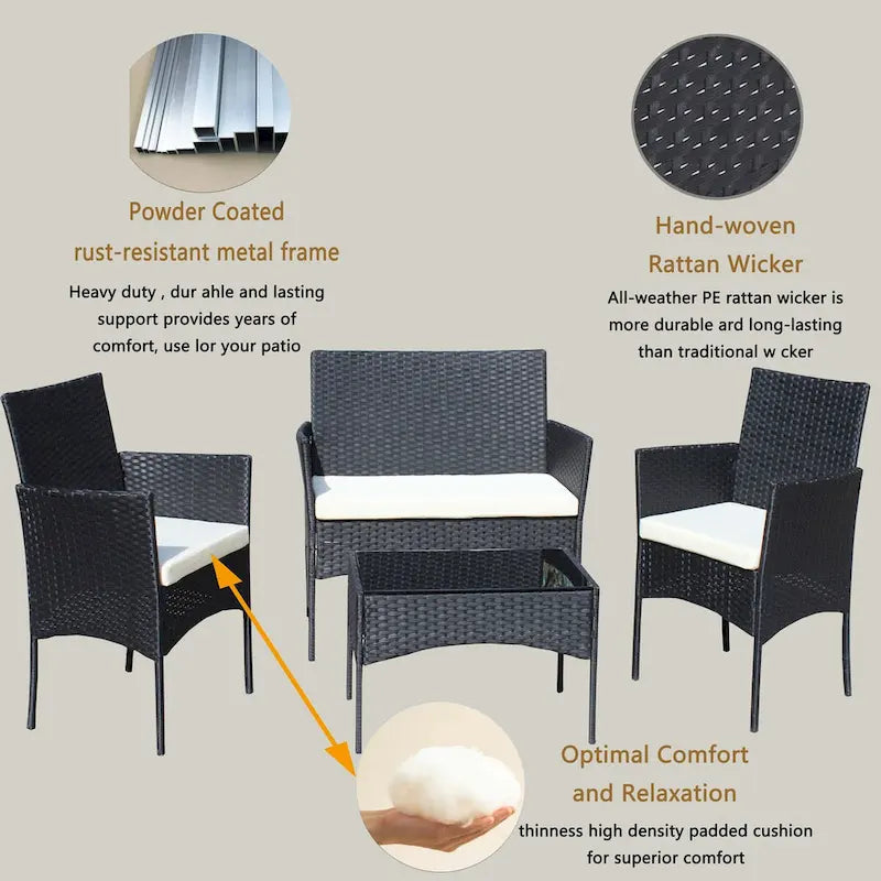 Ensemble de 4 meubles de patio en rotin Canapé en osier avec coussins pour l'extérieur (coussins beiges)