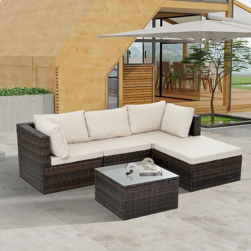 Ensemble de mobilier en osier 5 pièces avec table basse en verre trempé
