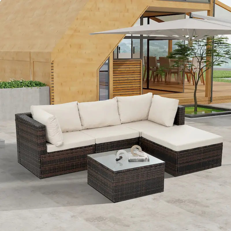 Ensemble de mobilier en osier 5 pièces avec table basse en verre trempé
