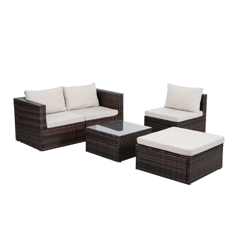 Ensemble de mobilier en osier 5 pièces avec table basse en verre trempé