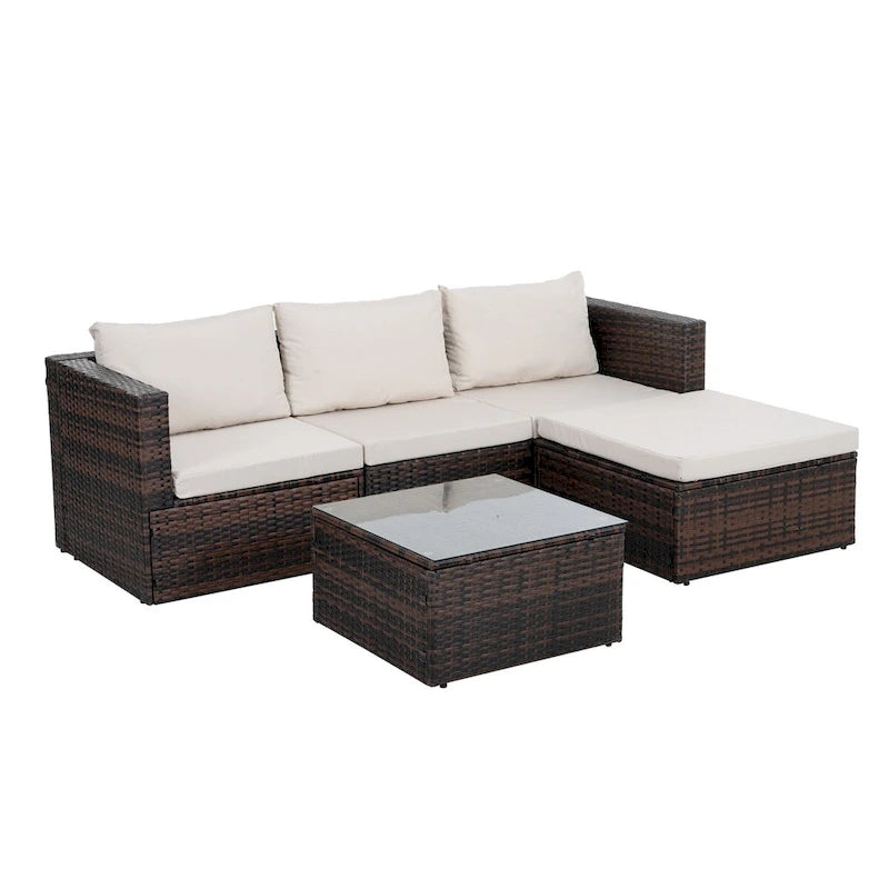 Ensemble de mobilier en osier 5 pièces avec table basse en verre trempé