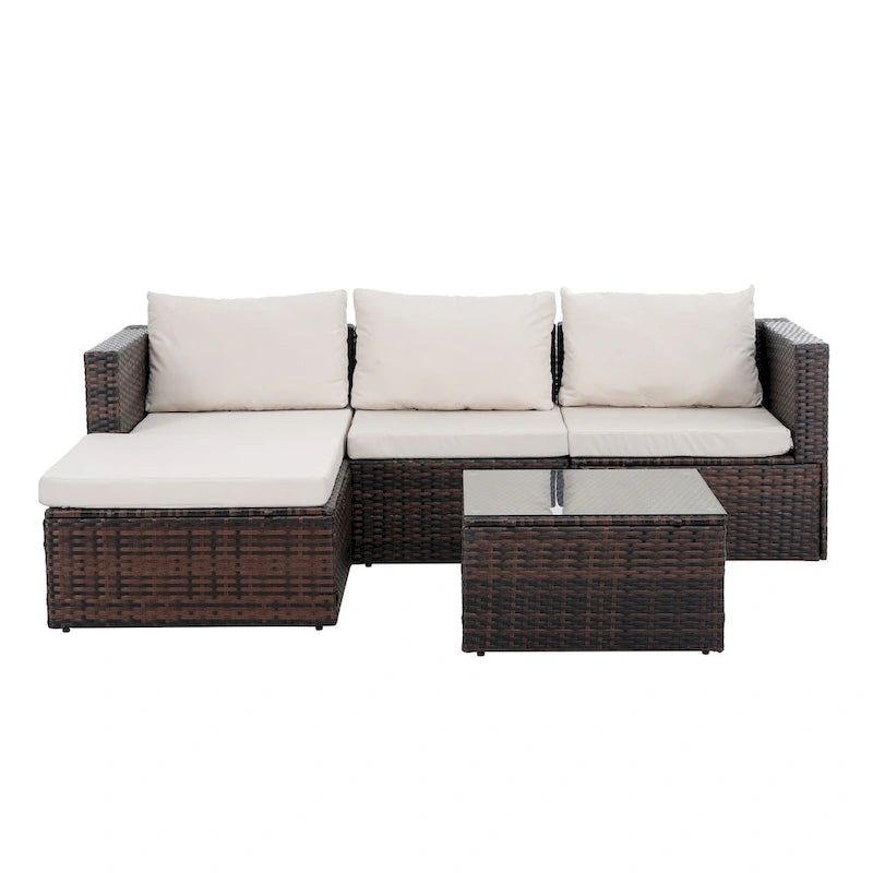 Ensemble de mobilier en osier 5 pièces avec table basse en verre trempé