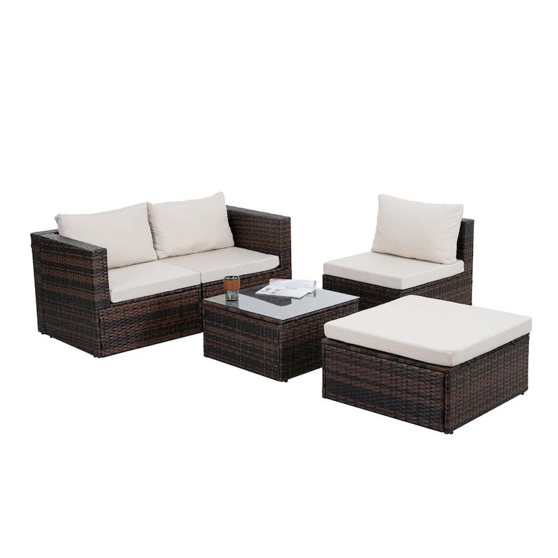 Ensemble de mobilier en osier 5 pièces avec table basse en verre trempé