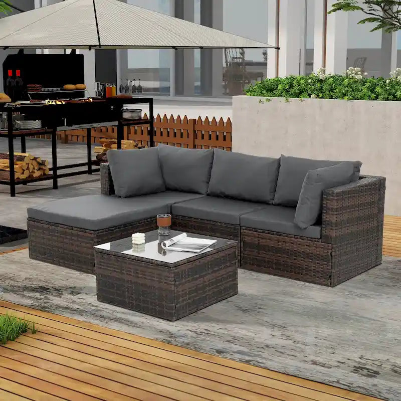 Ensemble de mobilier en osier 5 pièces avec table basse en verre trempé