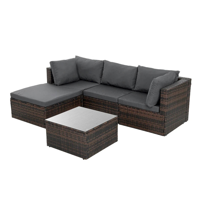 Ensemble de mobilier en osier 5 pièces avec table basse en verre trempé