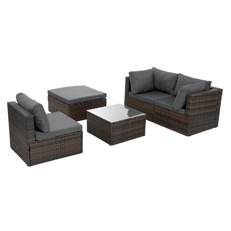 Ensemble de mobilier en osier 5 pièces avec table basse en verre trempé