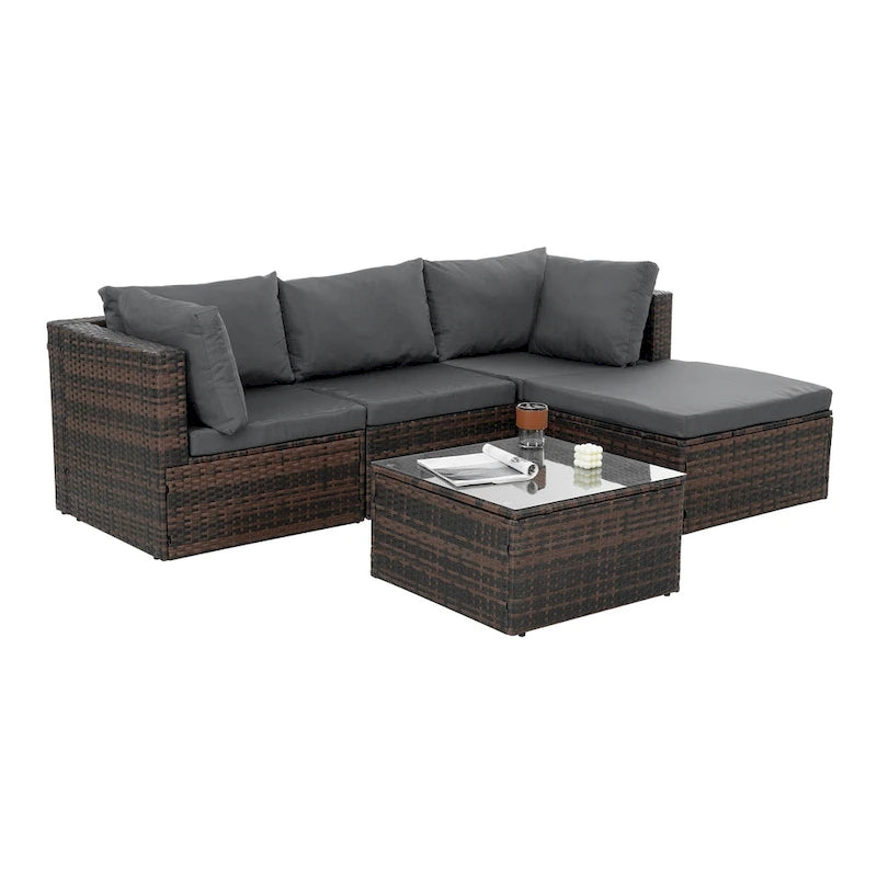 Ensemble de mobilier en osier 5 pièces avec table basse en verre trempé