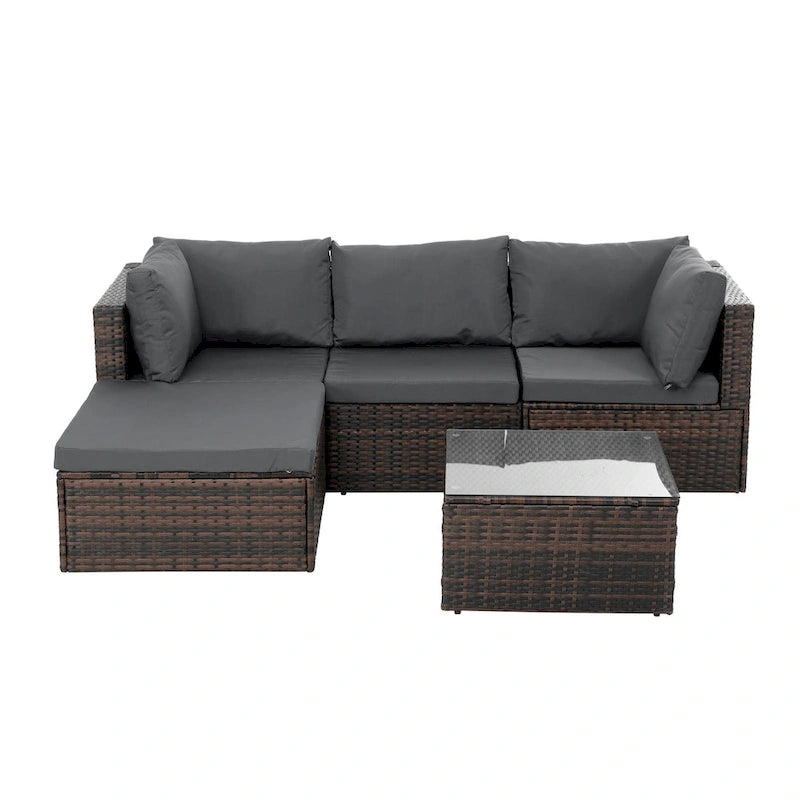 Ensemble de mobilier en osier 5 pièces avec table basse en verre trempé