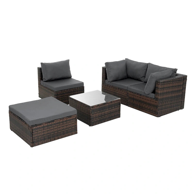 Ensemble de mobilier en osier 5 pièces avec table basse en verre trempé