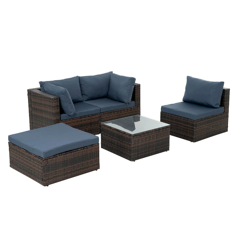 Ensemble de mobilier en osier 5 pièces avec table basse en verre trempé
