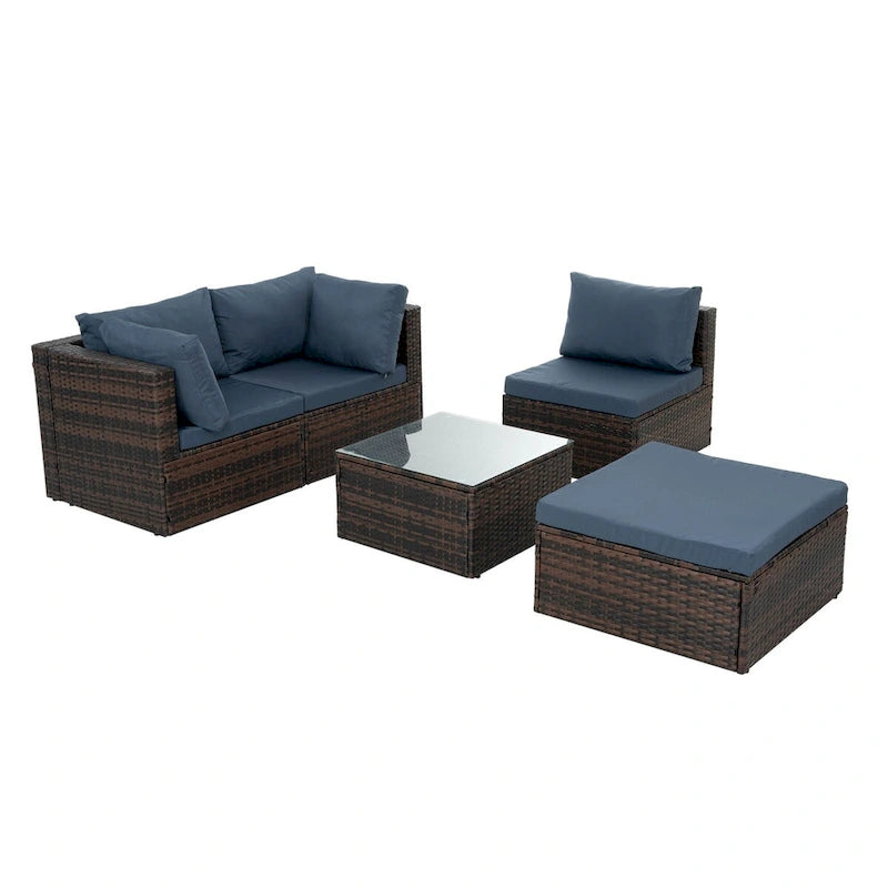 Ensemble de mobilier en osier 5 pièces avec table basse en verre trempé