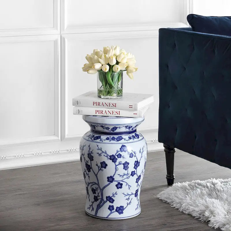 Cherry Blossom 17.7 Ceramic Garden Stool, White/Blue by JONATHAN Y