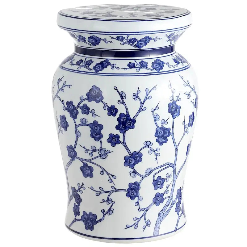 Tabouret de jardin en céramique cerisier en fleurs de 17,7 po, blanc/bleu par JONATHAN Y