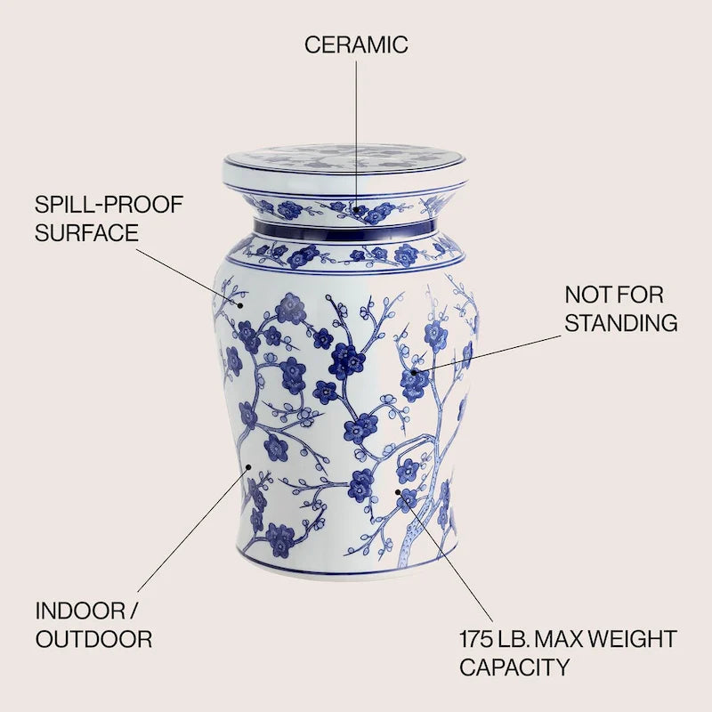 Tabouret de jardin en céramique cerisier en fleurs de 17,7 po, blanc/bleu par JONATHAN Y