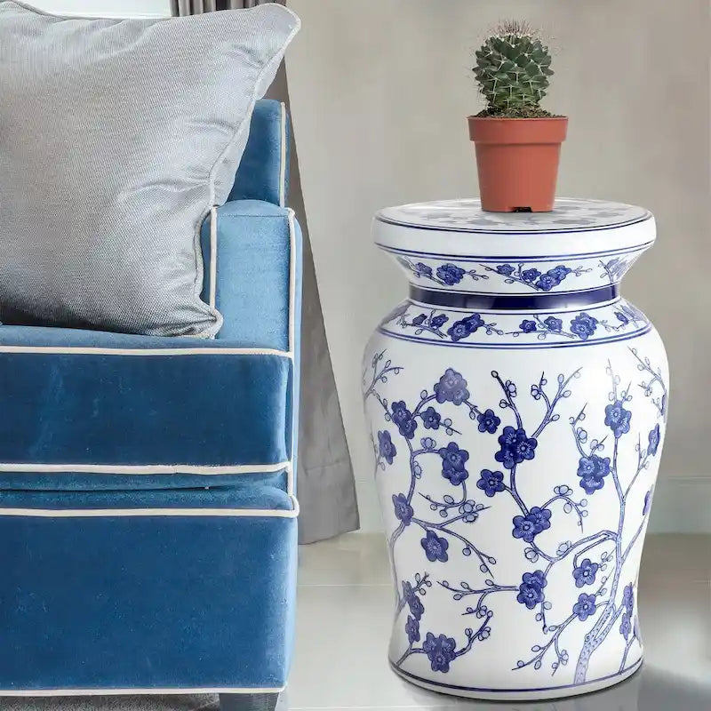 Tabouret de jardin en céramique cerisier en fleurs de 17,7 po, blanc/bleu par JONATHAN Y