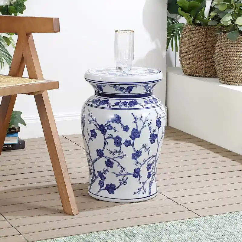 Tabouret de jardin en céramique cerisier en fleurs de 17,7 po, blanc/bleu par JONATHAN Y
