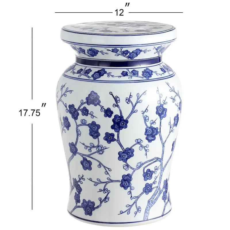 Tabouret de jardin en céramique cerisier en fleurs de 17,7 po, blanc/bleu par JONATHAN Y