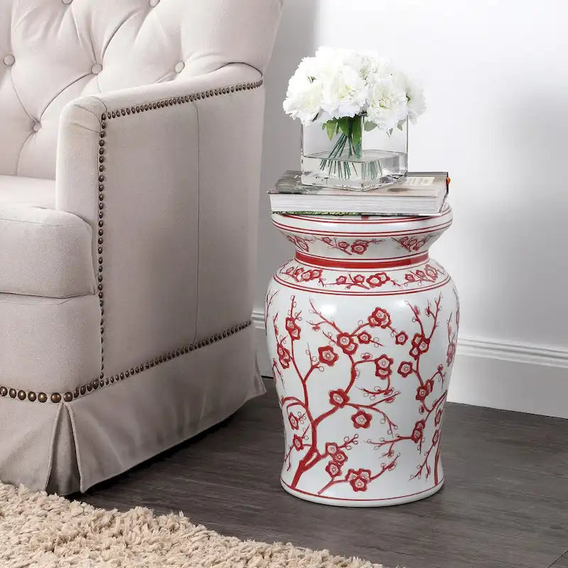 Tabouret de jardin en céramique cerisier en fleurs de 17,7 po, blanc/bleu par JONATHAN Y