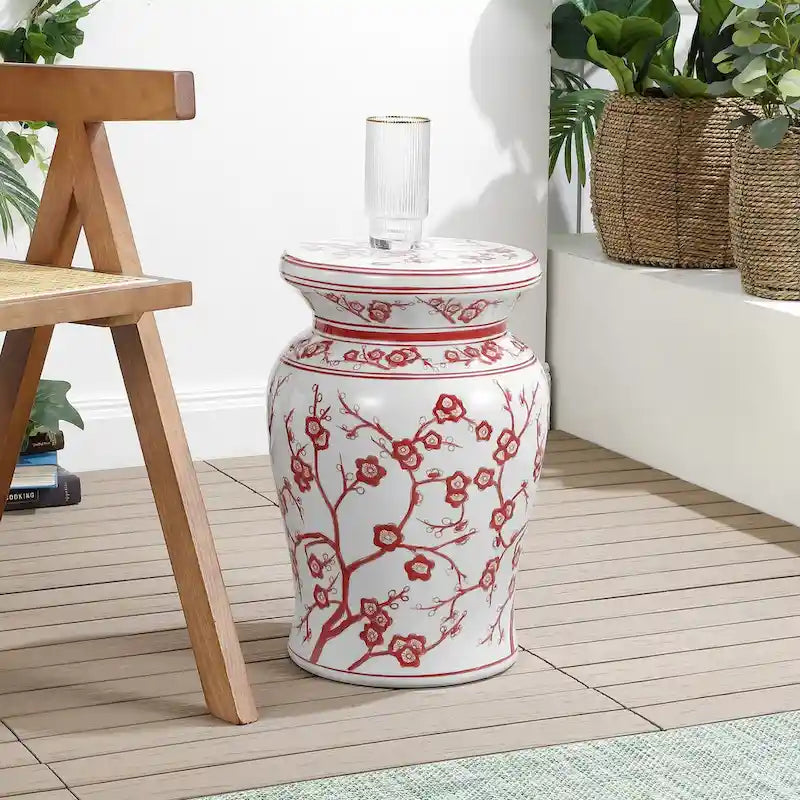 Tabouret de jardin en céramique cerisier en fleurs de 17,7 po, blanc/bleu par JONATHAN Y