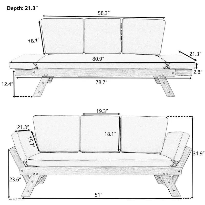 Bain de soleil/méridienne d'extérieur en bois réglable avec coussins