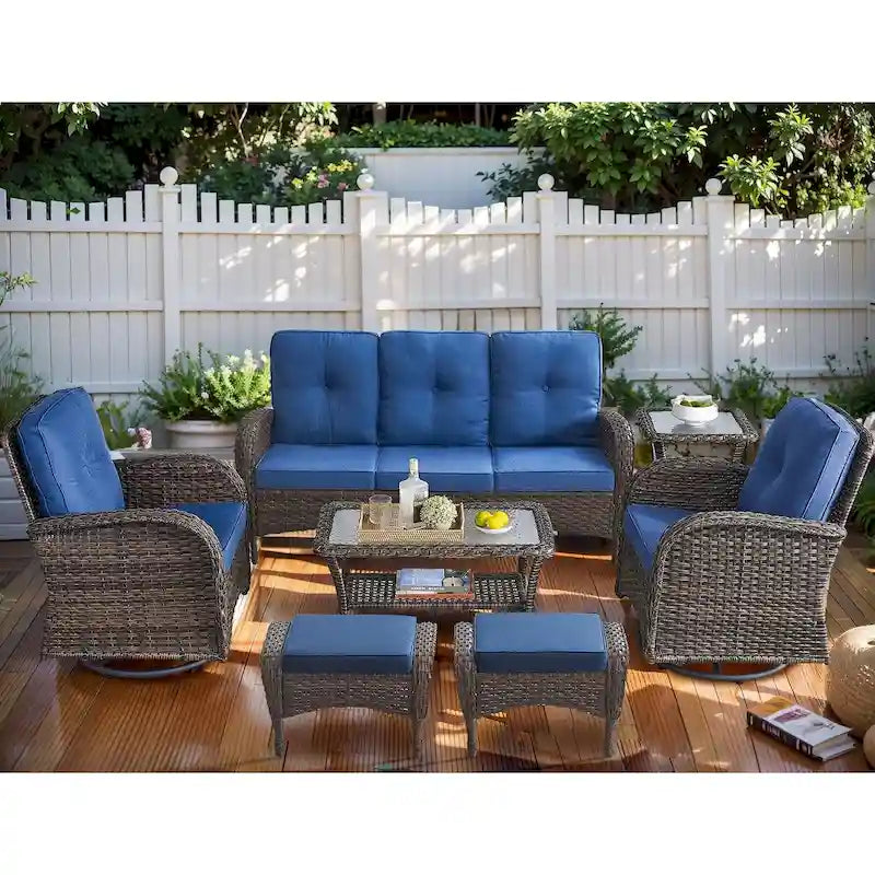 Canapé d'extérieur avec fauteuil pivotant, poufs et table basse - Marron