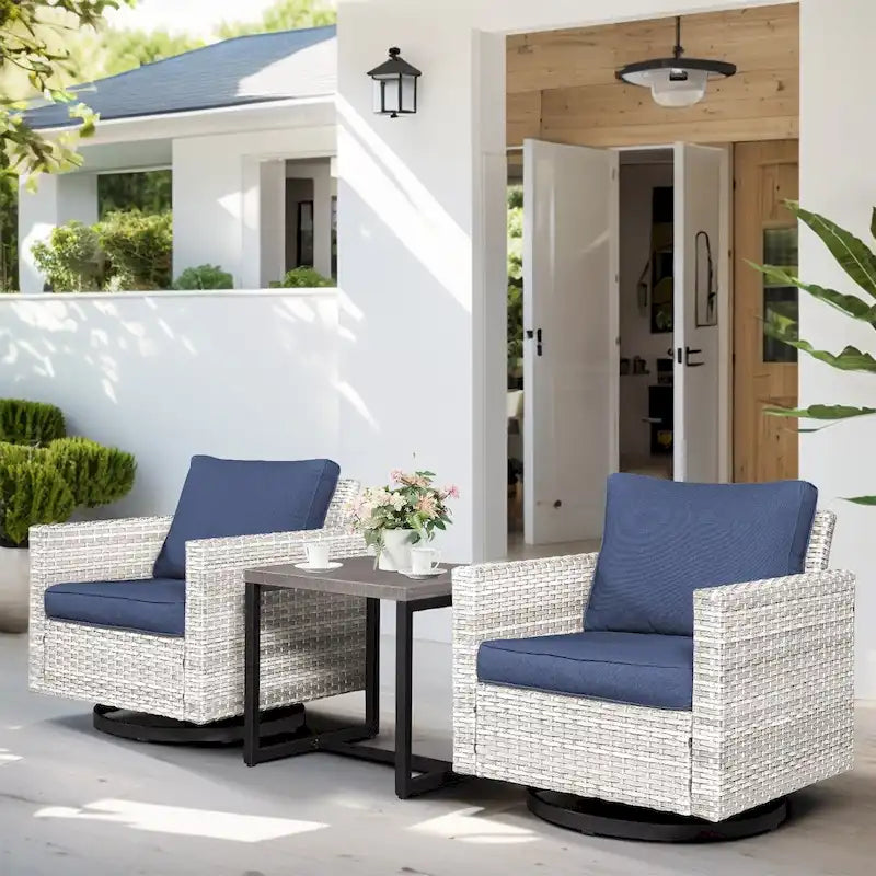 Fauteuil à bascule en rotin PE, table d'appoint avec plateau en verre – Gris clair