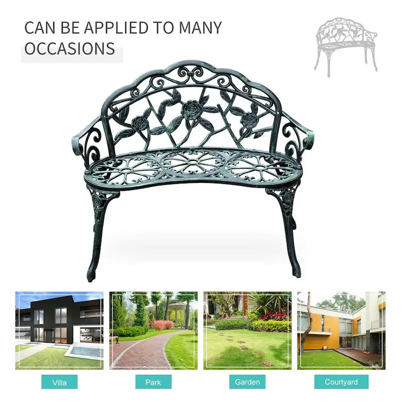Banc d'extérieur deux places en fonte d'aluminium avec motif rose floral et finition antique, vert