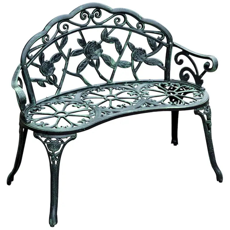 Banc d'extérieur deux places en fonte d'aluminium avec motif rose floral et finition antique, vert