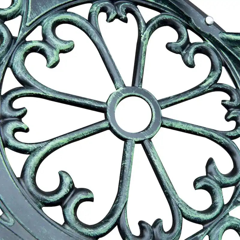 Banc d'extérieur deux places en fonte d'aluminium avec motif rose floral et finition antique, vert