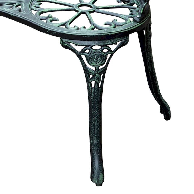 Banc d'extérieur deux places en fonte d'aluminium avec motif rose floral et finition antique, vert