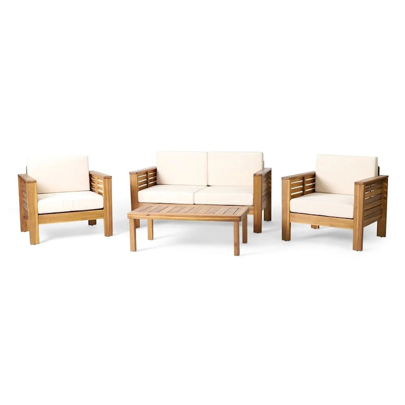 Causeuse et table basse en bois de teck et d'acacia avec coussins crème