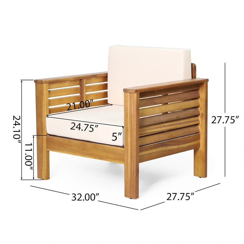 Causeuse et table basse en bois de teck et d'acacia avec coussins crème