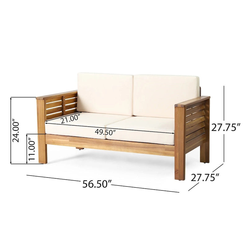 Causeuse et table basse en bois de teck et d'acacia avec coussins crème