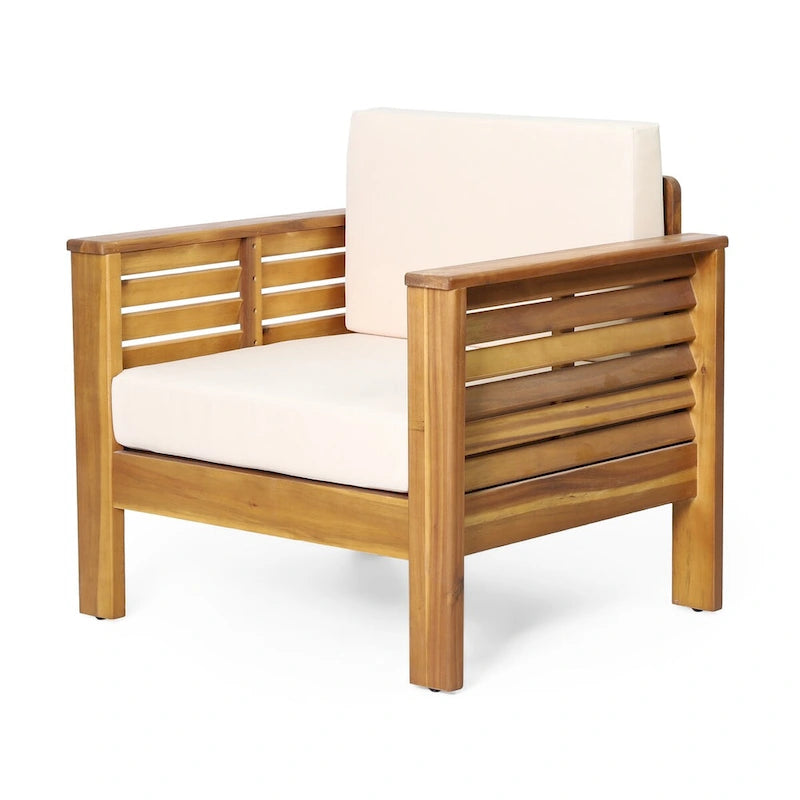 Causeuse et table basse en bois de teck et d'acacia avec coussins crème
