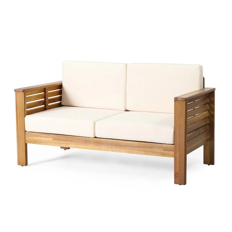 Causeuse et table basse en bois de teck et d'acacia avec coussins crème