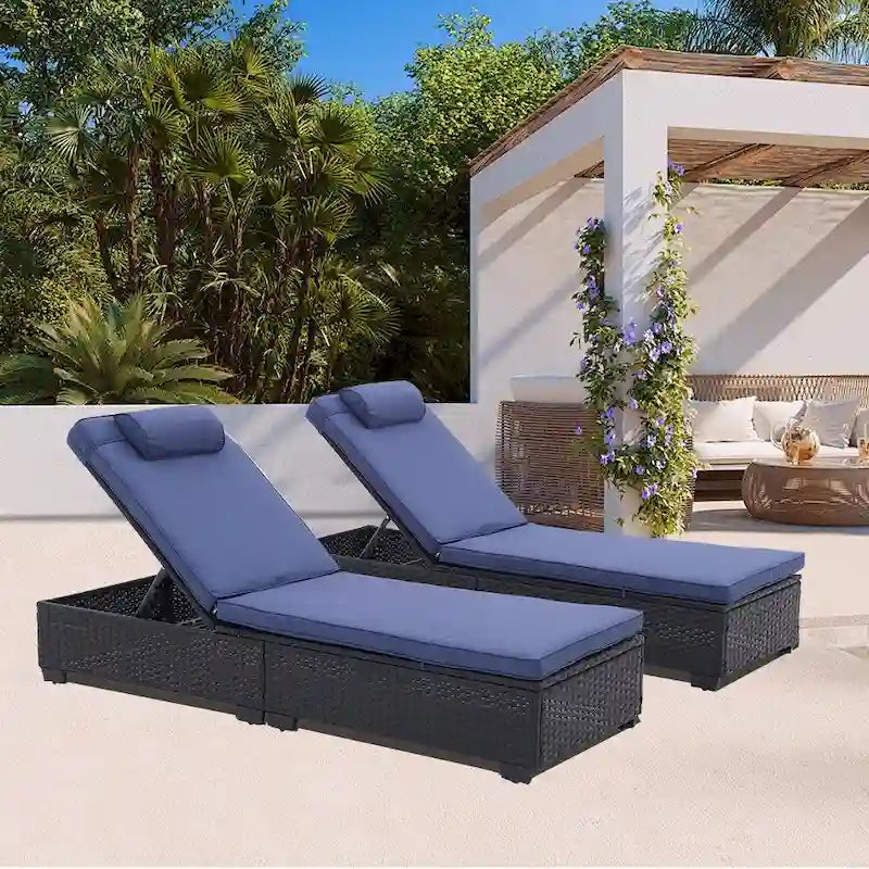 Chaise longue d'extérieur en osier noir 2 places avec dossier réglable et coussins