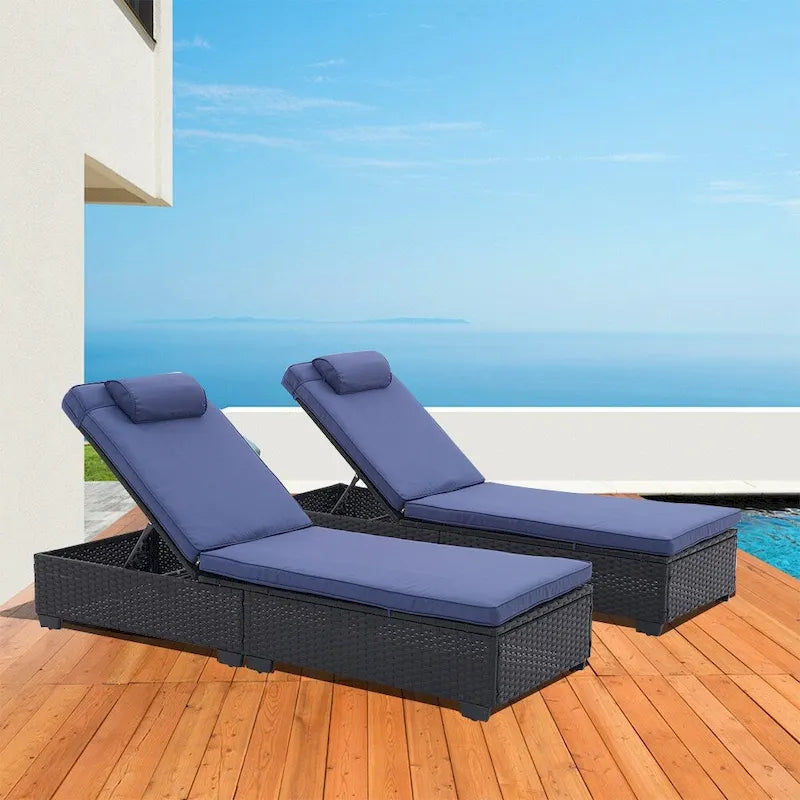 Chaise longue d'extérieur en osier noir 2 places avec dossier réglable et coussins
