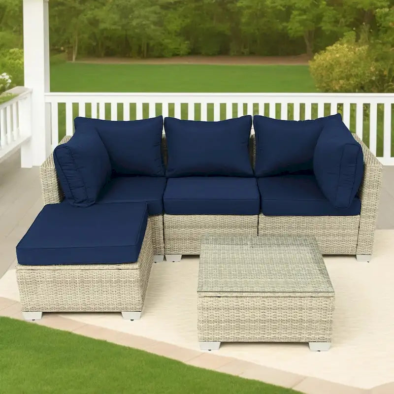 Ensemble de mobilier de jardin 5 pièces en rotin synthétique tressé à la main avec coussins et table basse