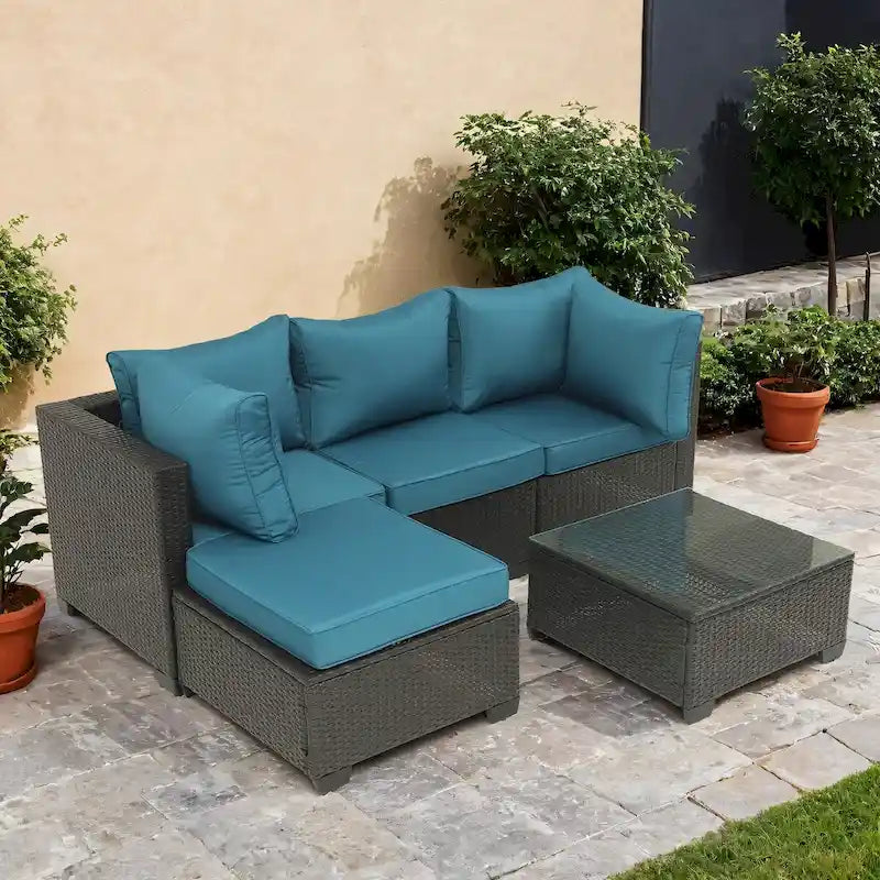 Ensemble de mobilier de jardin 5 pièces en rotin synthétique tressé à la main avec coussins et table basse