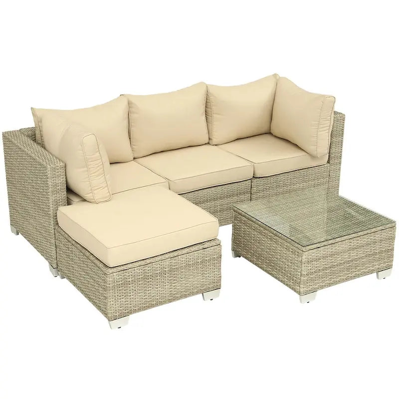 Ensemble de mobilier de jardin 5 pièces en rotin synthétique tressé à la main avec coussins et table basse