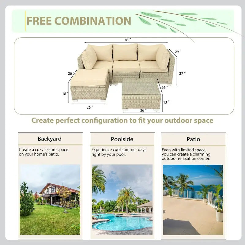 Ensemble de mobilier de jardin 5 pièces en rotin synthétique tressé à la main avec coussins et table basse