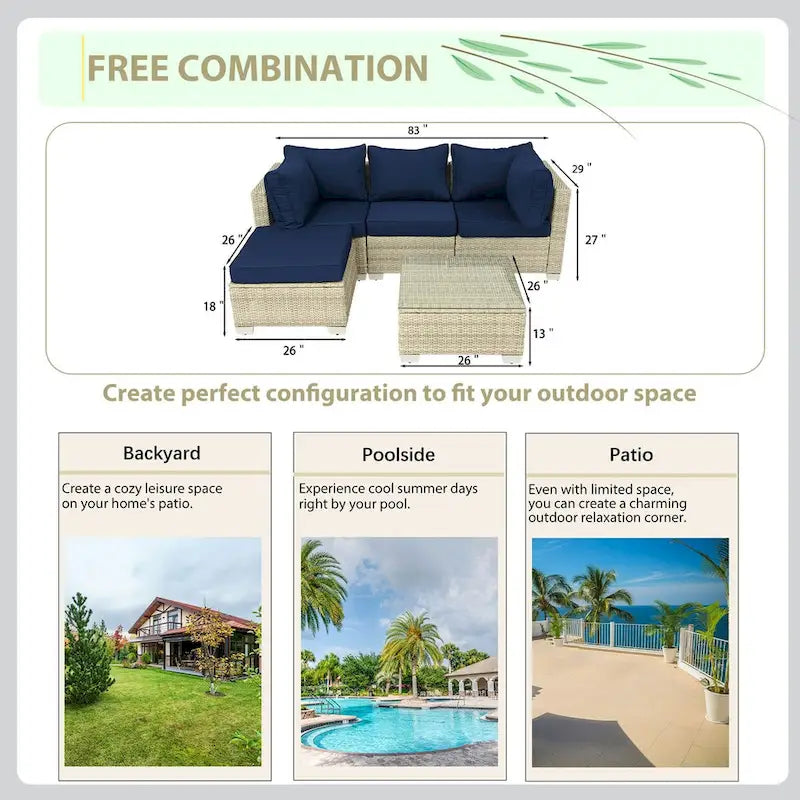 Ensemble de mobilier de jardin 5 pièces en rotin synthétique tressé à la main avec coussins et table basse